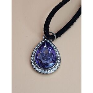 Vtg MONET Signed Purple‎ Crystal Necklace on PREMIER DESIGNS Suede Leather Cord